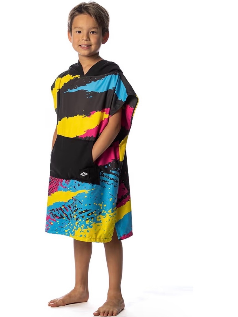 Kids Hooded Beach Poncho with Neon Splash Print